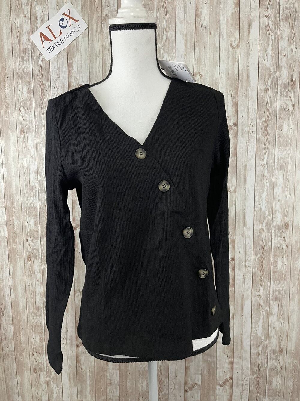 We Sweater Womens Medium Button Up Shirt Blouse Black Pullover Asymetric N134